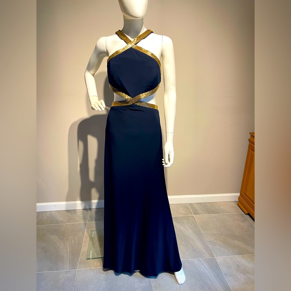 Navy cutout gown with gold beading